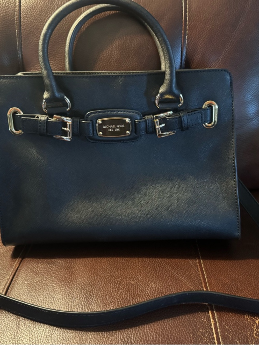Michael Kors Navy Black Saffiano Leather Satchel with Gold Hardware